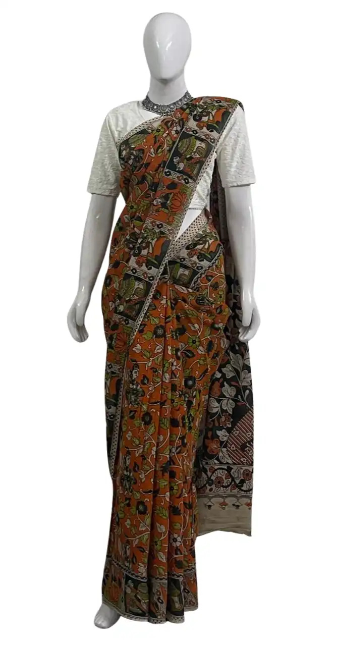 Kalamkari Cotton Saree Rust Orange Elephant Pallu