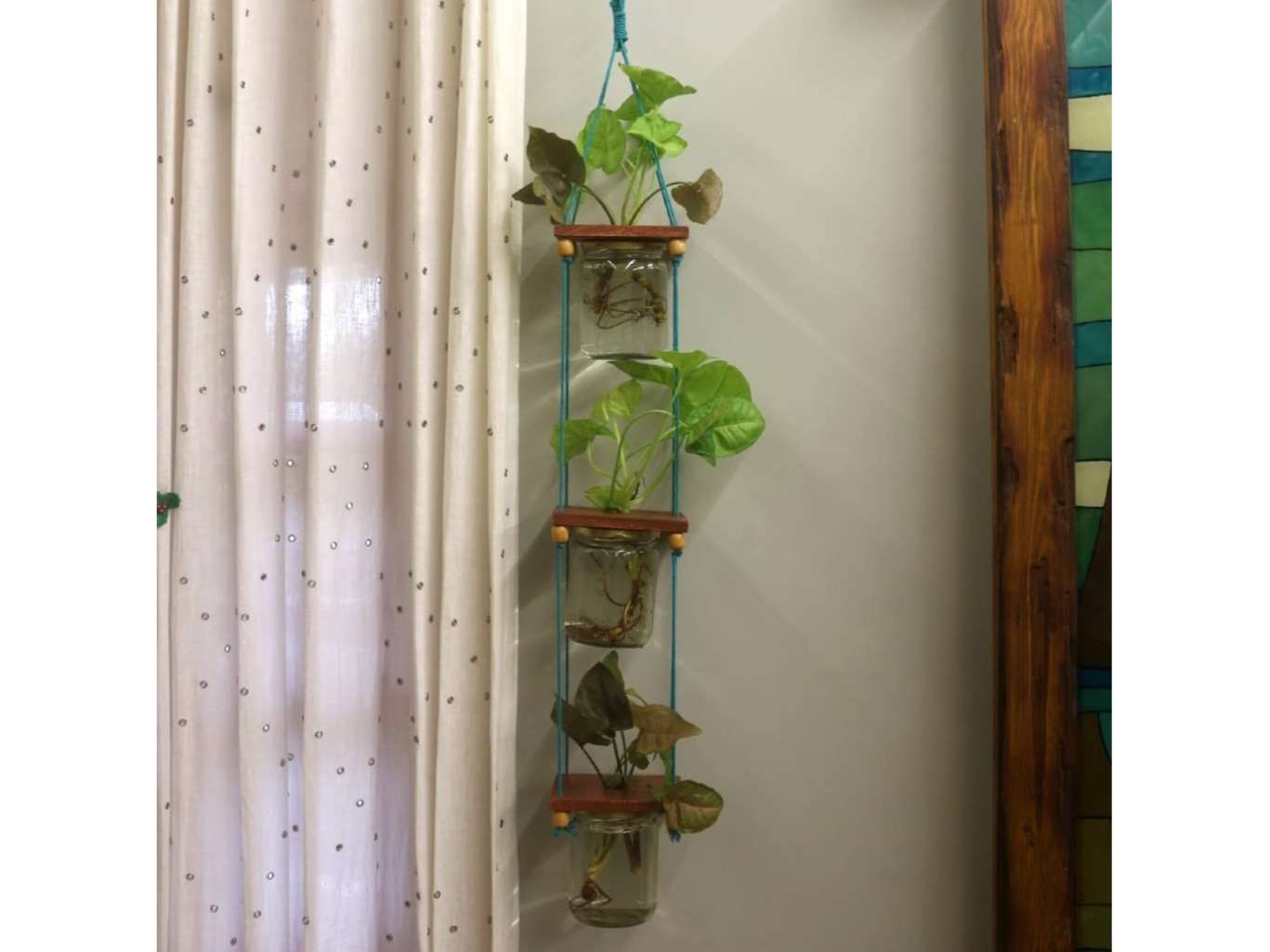 BARISH - Set of 3 Hanging Glass Jar Planters | Hanging 3 Jar Planter Handcrafted with Rubberwood | Hanging Glass Planters for Indoor and Outdoor - Tobacco Brown view 2