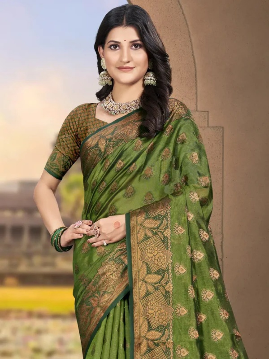 Olive Green Silk Saree view 2