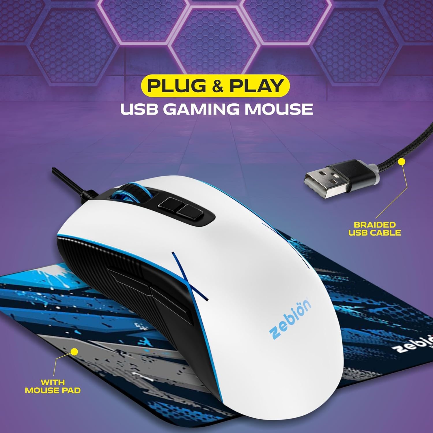 Zebion War Byte Gaming Mouse with RGB Lighting - White Black view 2