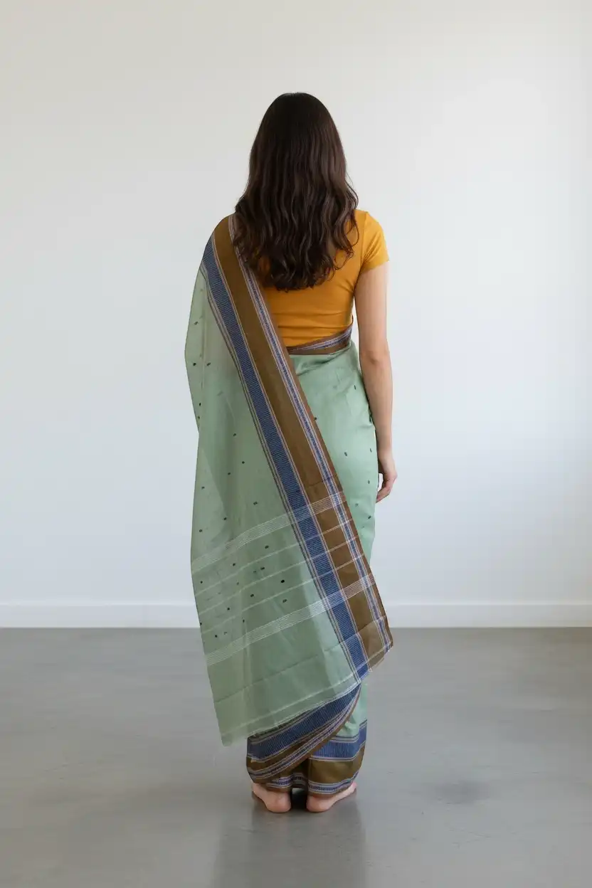 Handwoven Sage Green Kanchipuram Cotton-Silk Saree, Contrast Border view 2