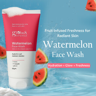 Globus Naturals Watermelon Face Wash with Vitamin B3 Hyaluronic Acid, For Hydration and Moisture retention, Suitable for Normal Dry Skin 50gm view 2