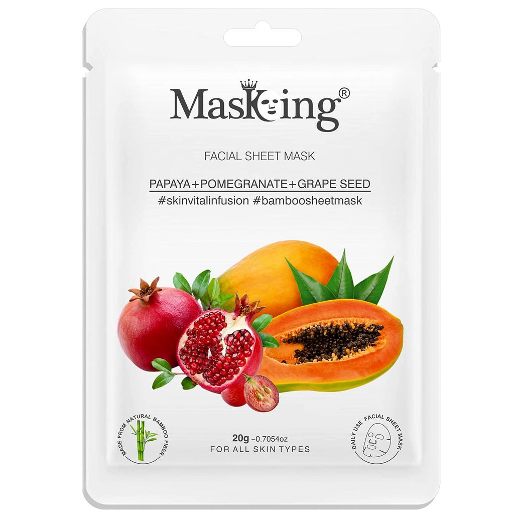 MasKing Bamboo Facial Sheet Mask of Papaya, Pomegranate & Grape Seed for Skin Vital Infusion Ideal for Women & Men, 20ml each (Pack of 5) view 2