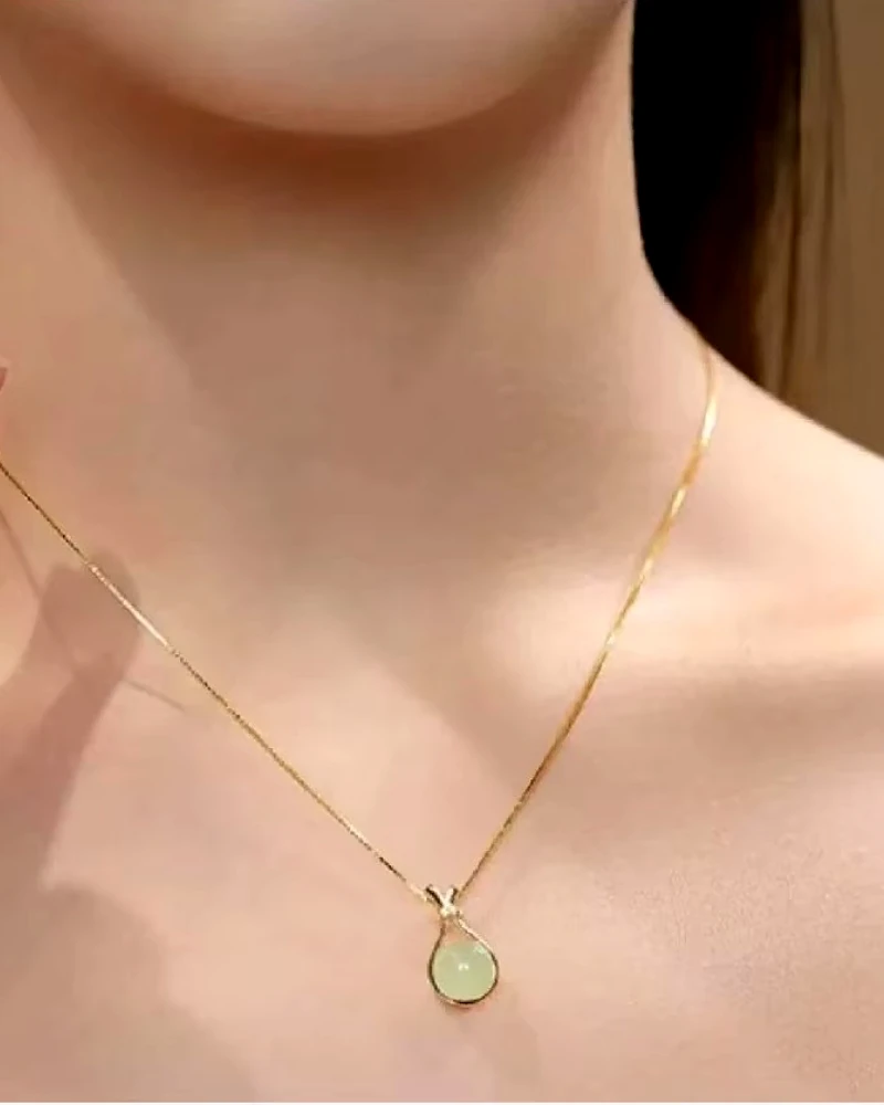 Trendy Gold-Plated Pendant Necklace with Teardrop Jade Stone by Print Magical Gifts view 2