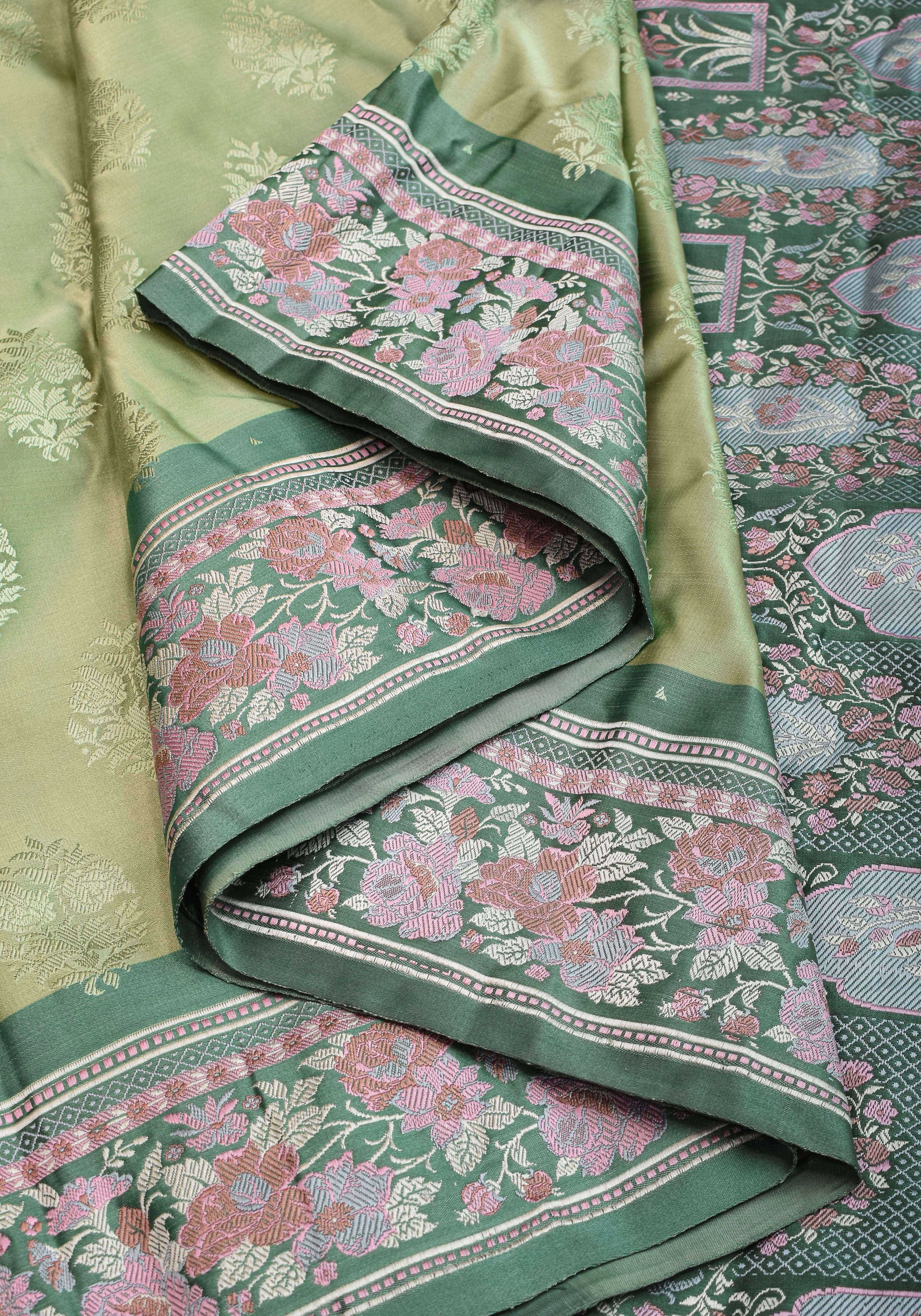 Pure Banarasi Satin Silk Saree with Meenakari Motifs in shades of Green| SILK MARK CERTIFIED view 2