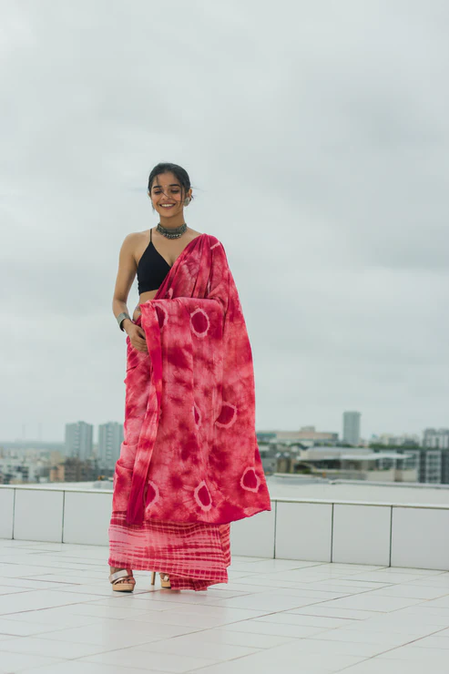 Mul Cotton Tie Dye Hand Block Printed Saree Wine Magic