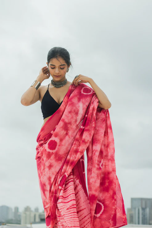 Mul Cotton Tie Dye Hand Block Printed Saree Wine Magic view 2