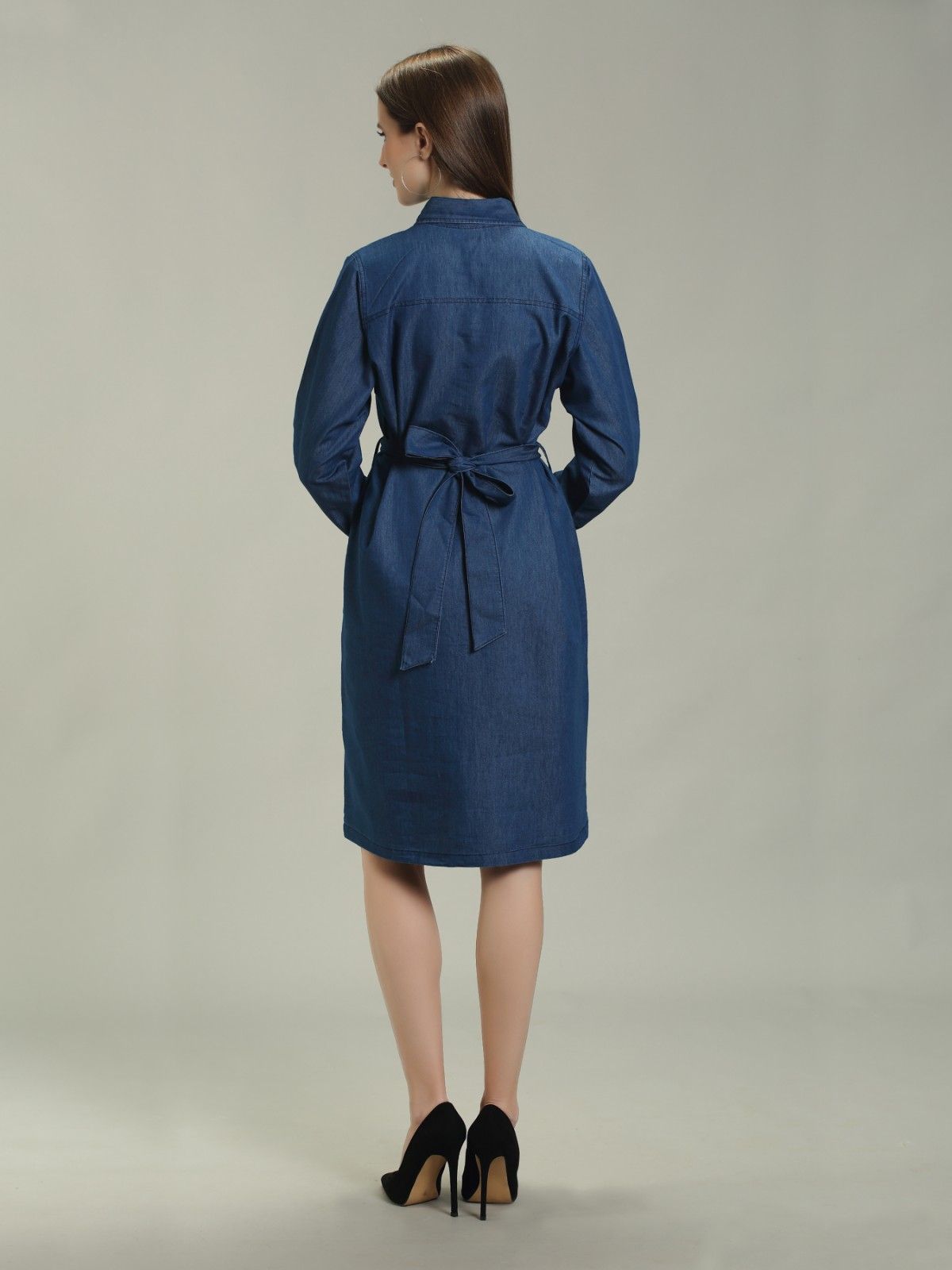 Denim Solid One Piece W Both Side Shirt Pocket with Belt, Blue - XL view 2