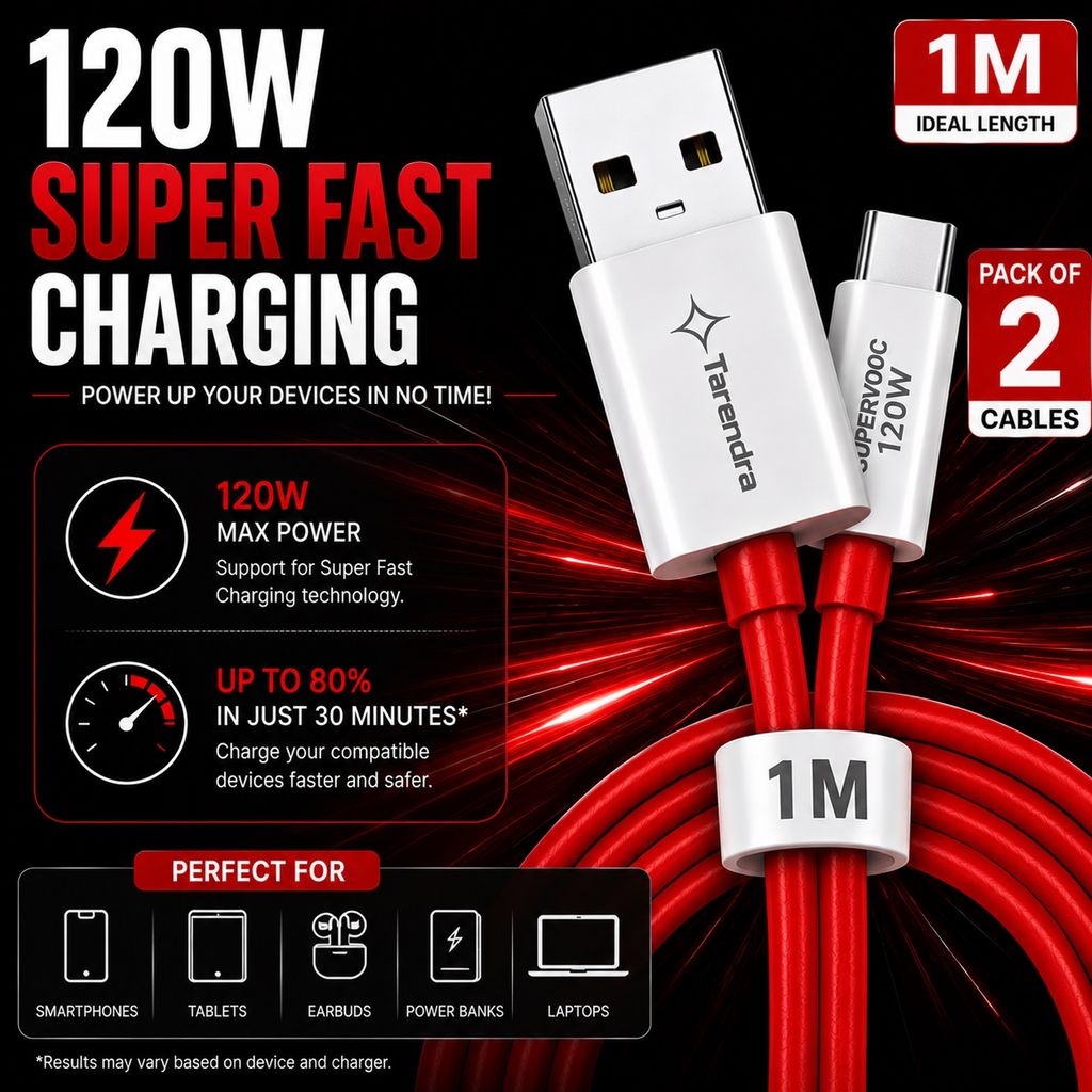 Tarendra 120W 10A USB to Type C Fast Charging Cable 1 Meter | Unbreakable TPE SuperVOOC Data Cable | Fast Charge & Data Sync for OnePlus Oppo Realme Vivo Xiaomi Samsung Type C Devices view 2