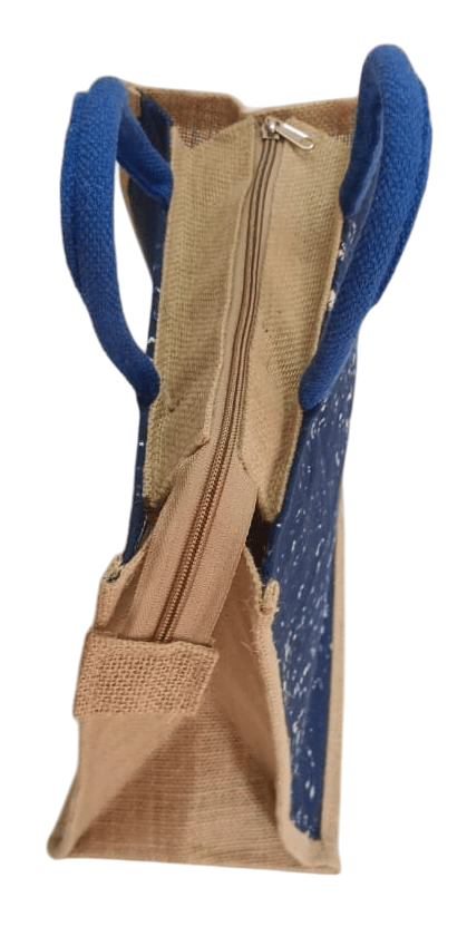 Blue and Brown Jute Bag with Handles view 2