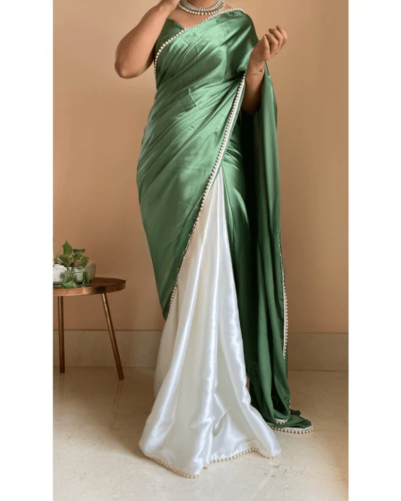 half half Green satin Saree with beautiful moti lace border view 2