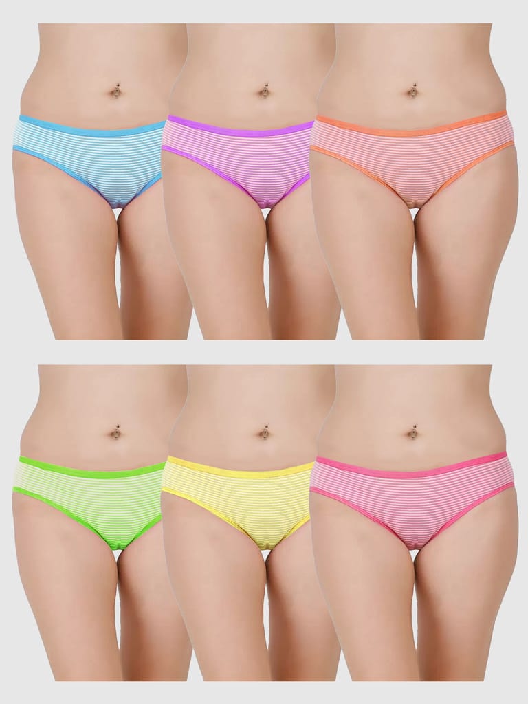 DOOZIE LOVEPLUS WOMEN'S BIKNI COTTON MULTICOLOR STRIPES PANTY PACK OF 6