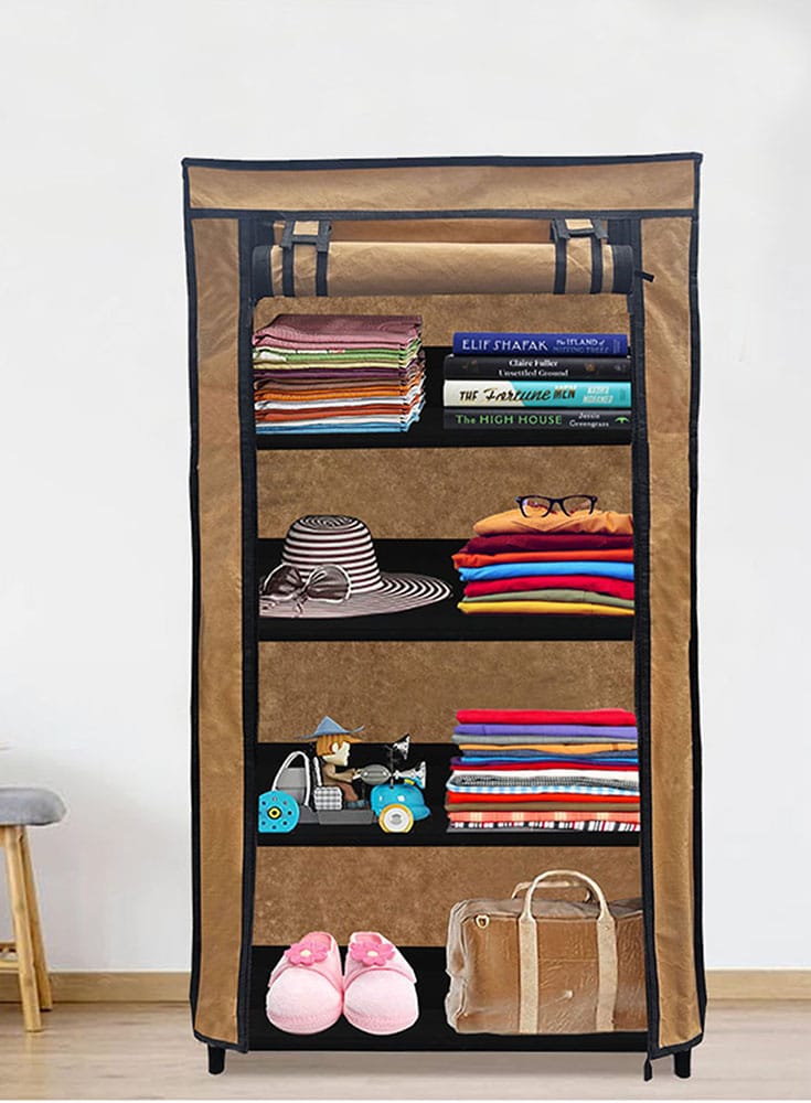 PHILOSHOP 4-Shelves Durable Metal Frame Modular Shoe Rack with 10-Inch Gapping in each Shelf & 100 GSM Fabric in Beige