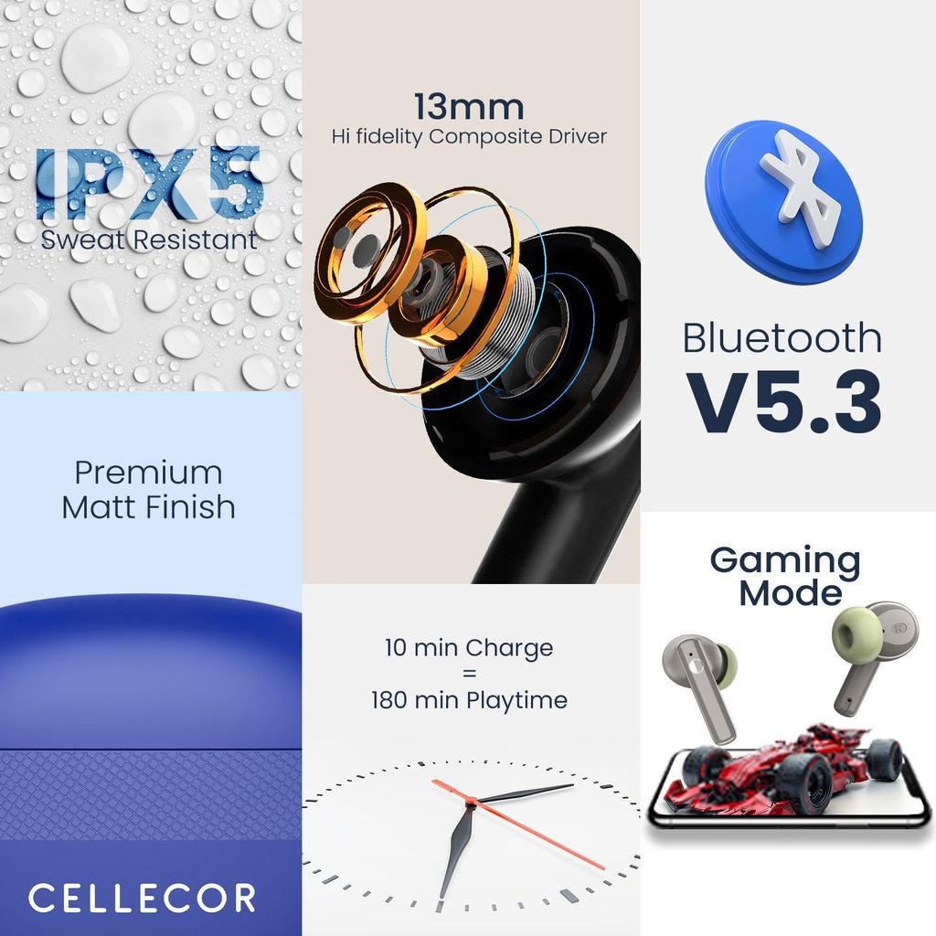 Cellecor BroPods C105 Tune TWS |45H Playtime, ENC, 5.3v, IPX5, 50ms Low Latency Gaming Bluetooth-Black view 2