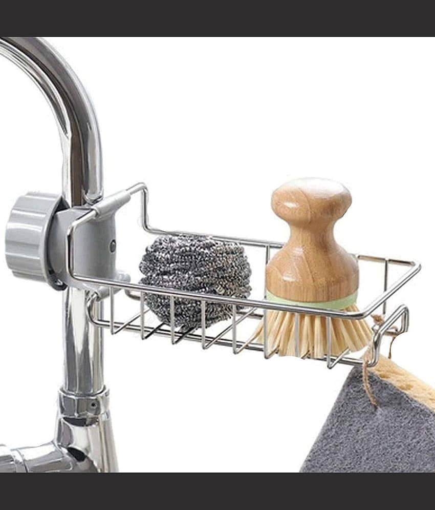 GEEO Kitchen Sink Faucet Sponge Holder Caddy organizer over, stainless steel heavy duty thickening hanging drain rack for scrubbers, sop, bathroom, detachable no suction cup bathroom sop holder view 2