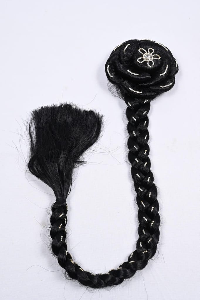 Black Rose Hair Bun with Rhinestone Hairpin view 2