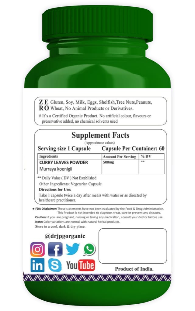 Dr. JPG Organic herbals Curry Leaves Capsules Liver Wellnes 60 Veg. CapsulesI/INDIA ORGANIC Certified (Pack Of 2) view 2
