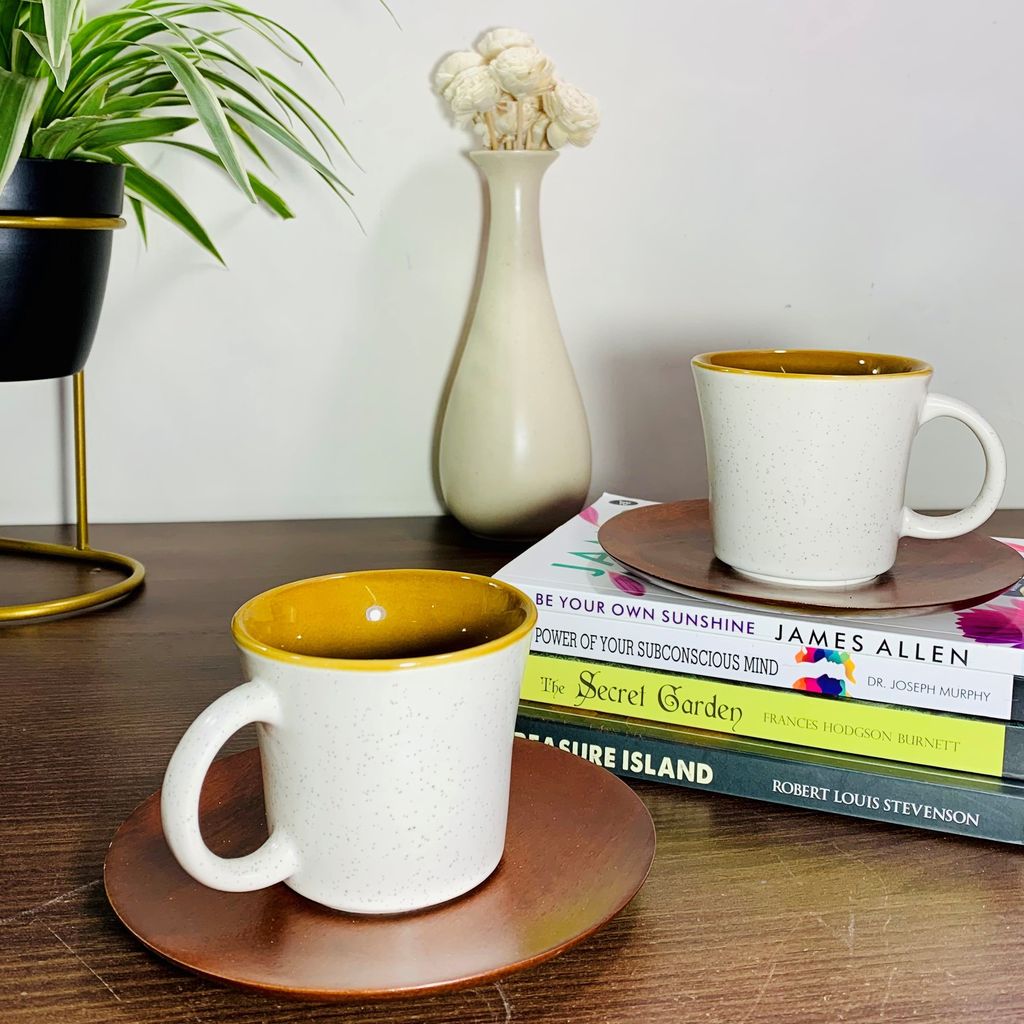 Homefrills Ceramic Hand Crafted Glossy Ceramic Tea/Coffee Cups(White) Combo with Wooden Saucer (Brown) Suitable for Coffee, Tea, Juice, Cappuccino, etc. (150ml) Set of 2 view 2