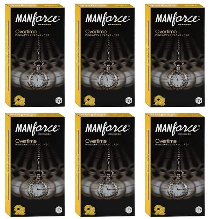 Manforce Overtime Pineapple Flavoured Condoms for Men| 3-in-1 Ribbed Contoured & Dotted for Extra Stimulation| Long-Lasting Pleasure | Lubricated Latex Condoms 10 Pcs x Pack of 6 view 2