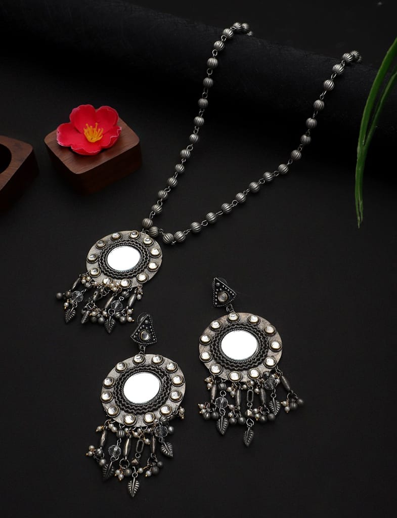 Cardinal Oxidized Gold & Metallic Color Long Chain Kundan Mirror Necklace Set view 2