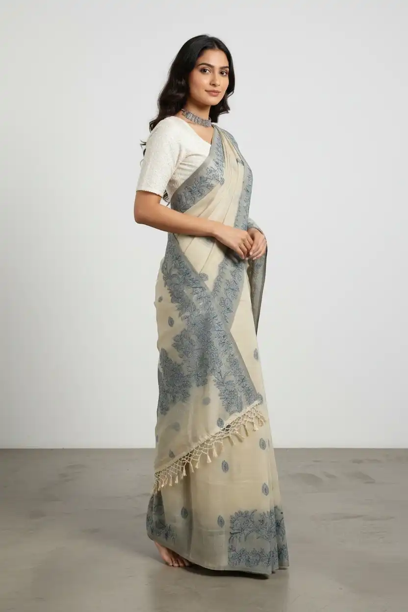 Sambalpuri Baandha Ikat Cotton Saree in Beige and Teal view 2