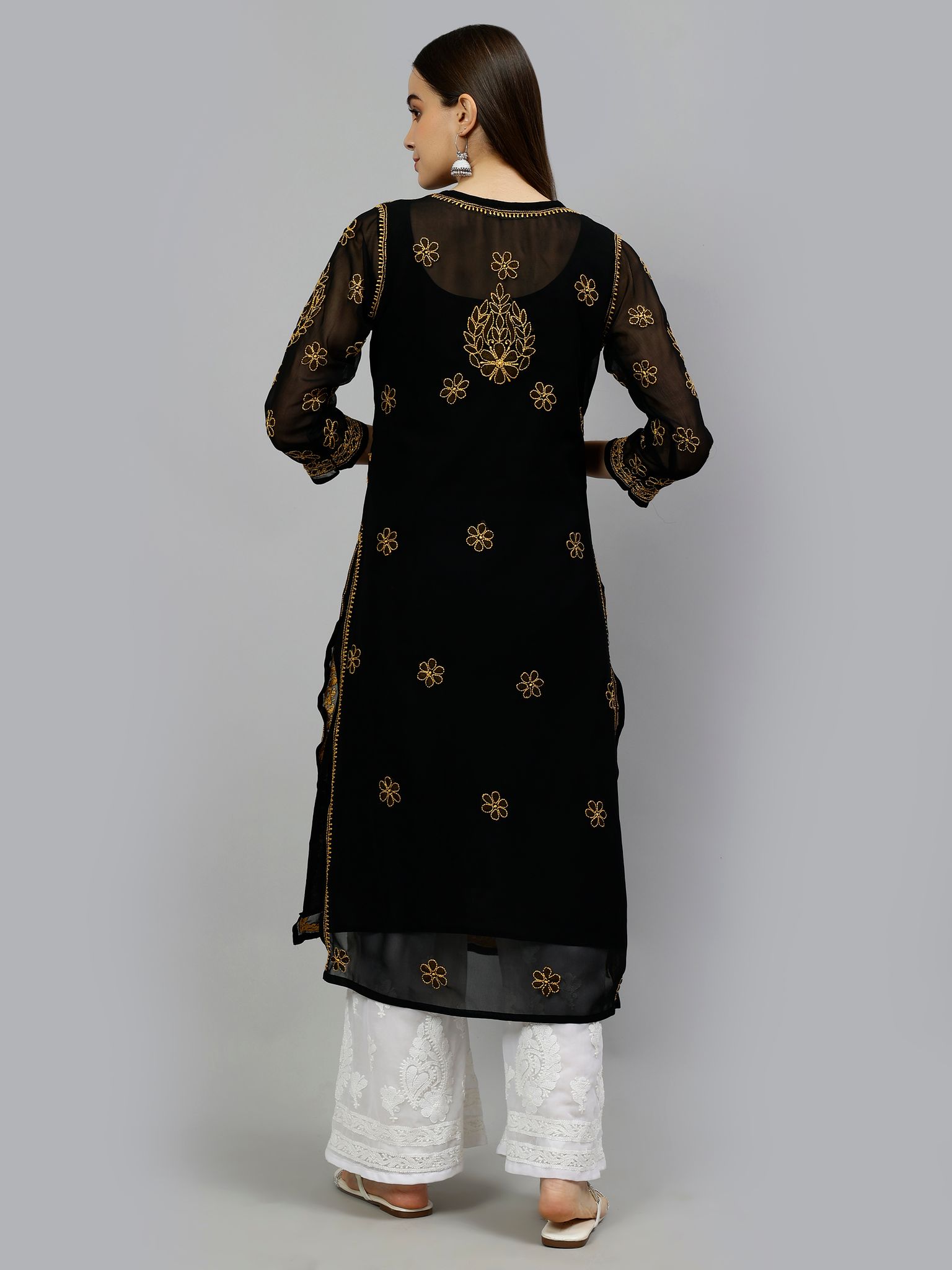 Seva Chikan Lucknowi Chikankari Black/Beige Georgette Resham Work Kurta & Slip view 2