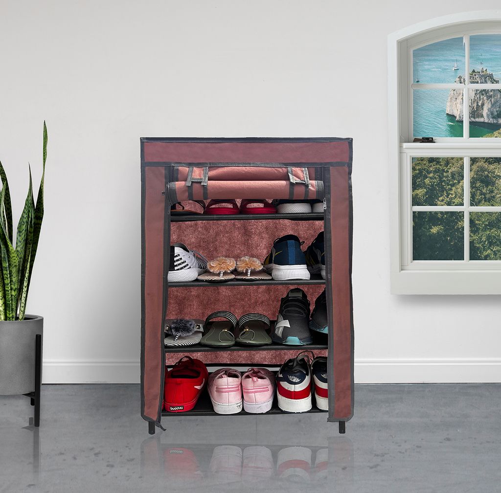 PHILOSHOP 4-Tier Metal Shoe Rack with Dustproof Cover – Black, Space-Saving Storage Organizer for Entryway
