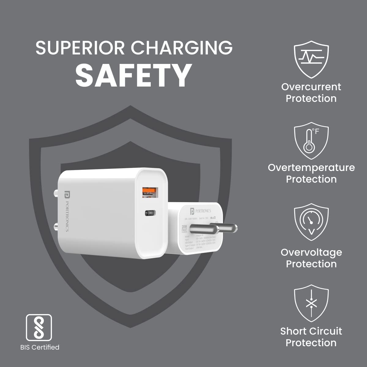 Portronics Adapto 45 22.5W Max Output USB & Type-C Dual Output Super Fast Charger,Wall Adapter Power Delivery 3.0& USB A Fast Charge Adaptor for iPhone,Android & Other Type C Enabled Devices(White) view 2