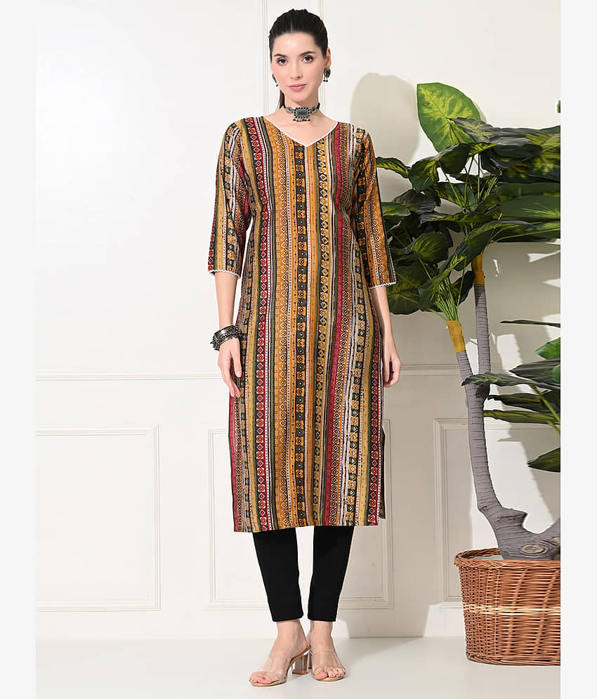 AMTHI Pack of 1 Chanderi Self Design Straight Women's Kurti - ( Yellow )