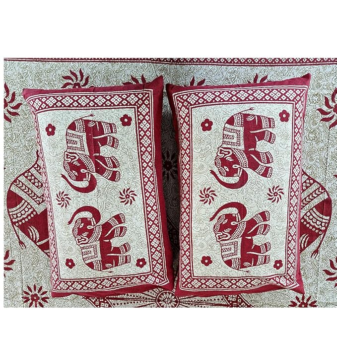 Bed Sheet Set with Pillow Covers, Traditional Indian Elephant Print Cotton semi duoble in Red and White Color,Best use at Single Bed and Deewan view 2