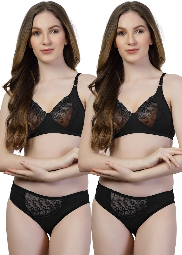 adornstar Women Cotton Lingerie Set with Solid Color Design | Non Wired and Non Padded Bra with Full Coverage Hipster Panty Set | Stylish and Soft Stretchable Fabric (Pack of 2) view 2