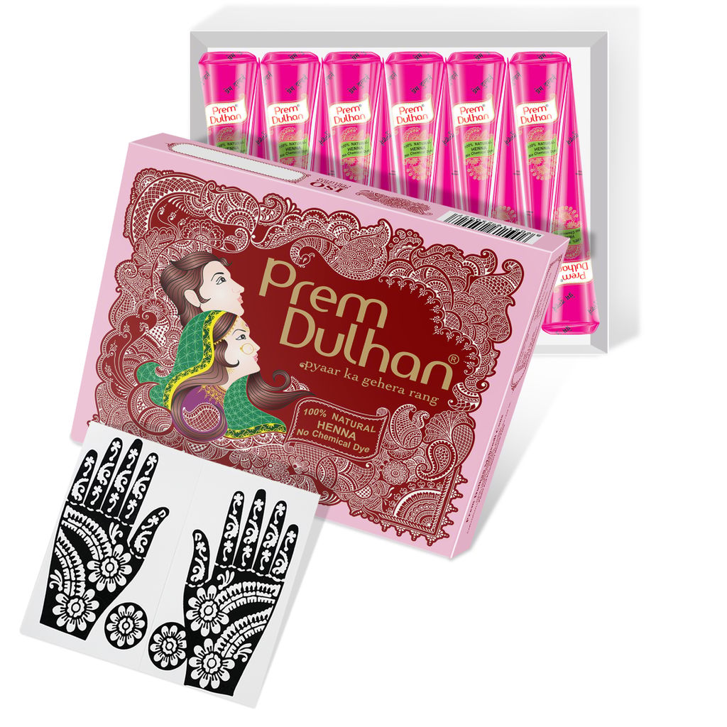Prem Dulhan Brown Henna Cones Box 12 Pcs with Flower Stencil Pink Box view 2