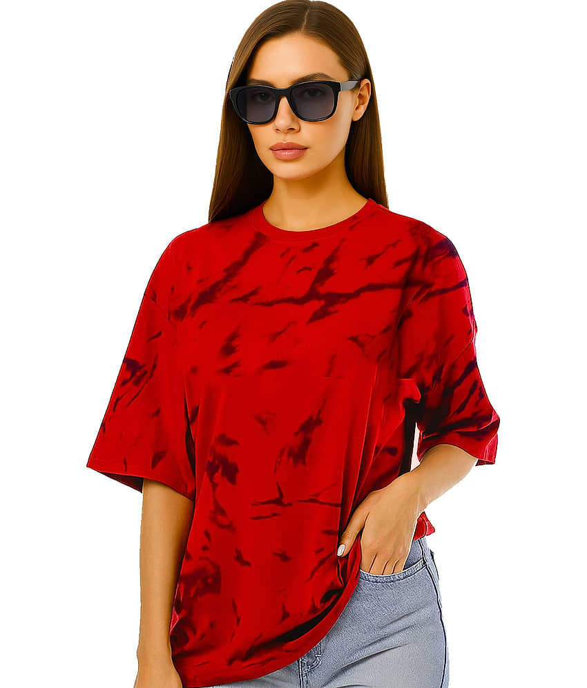 Leotude Women Cotton Blend Solid Oversized Fit Round Neck T-Shirt ( Red )