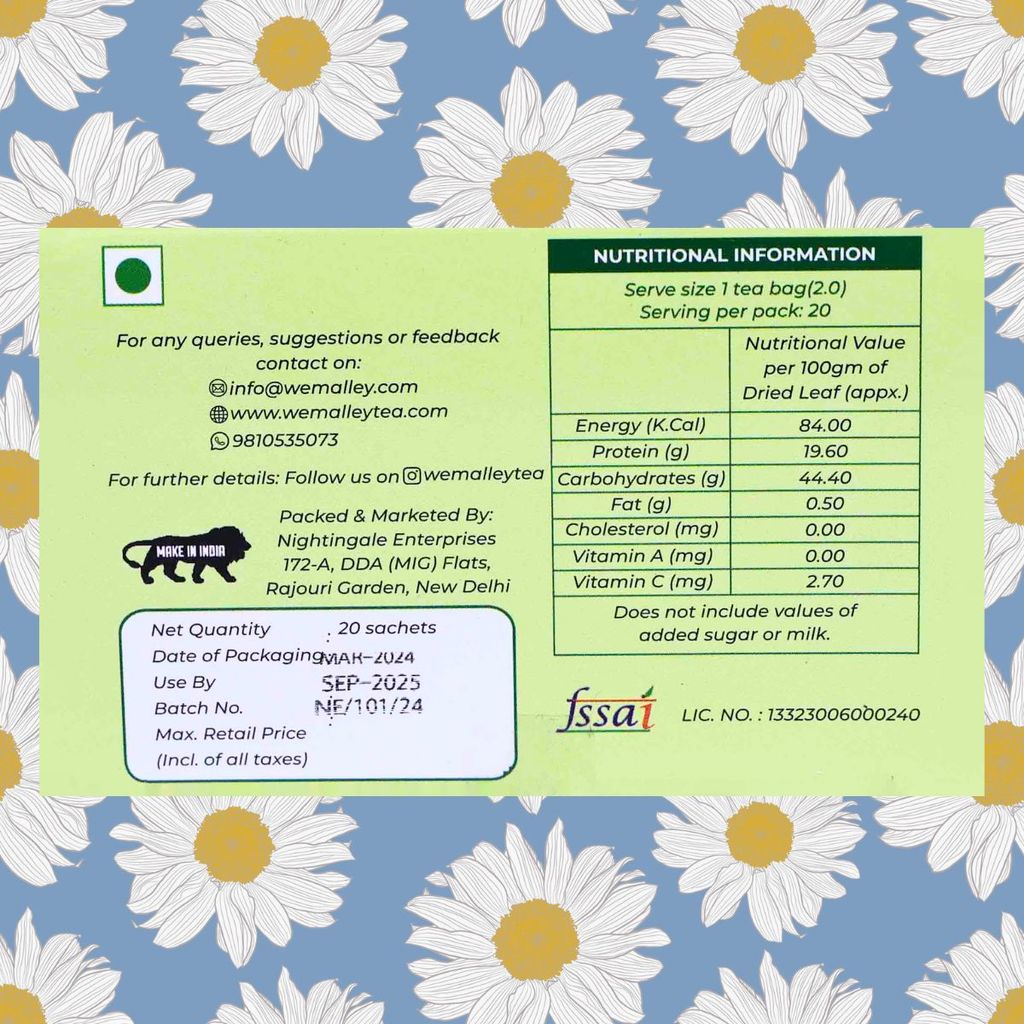Wemalley Organic Chamomile Moringa Flowers Herbal Tea Teabags 40 grams| Improves Digestion & Sleep Quality| Calming Tea| Rich in Antioxidants| 0% Bitterness| 20 Teabags view 2