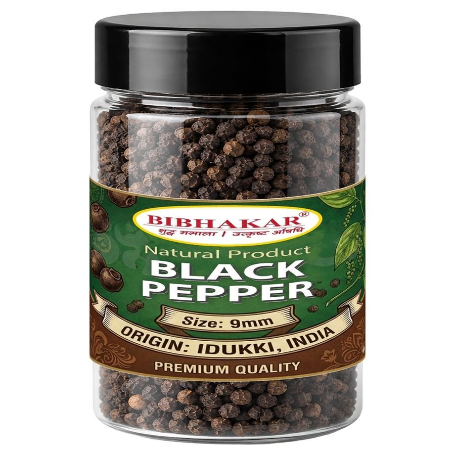 Idukki Black Peppercorns 100g - High Piperine Whole Berries from Kerala, India - Airtight PET Jar | Bibhakar Spices - 100 gm - Single jar