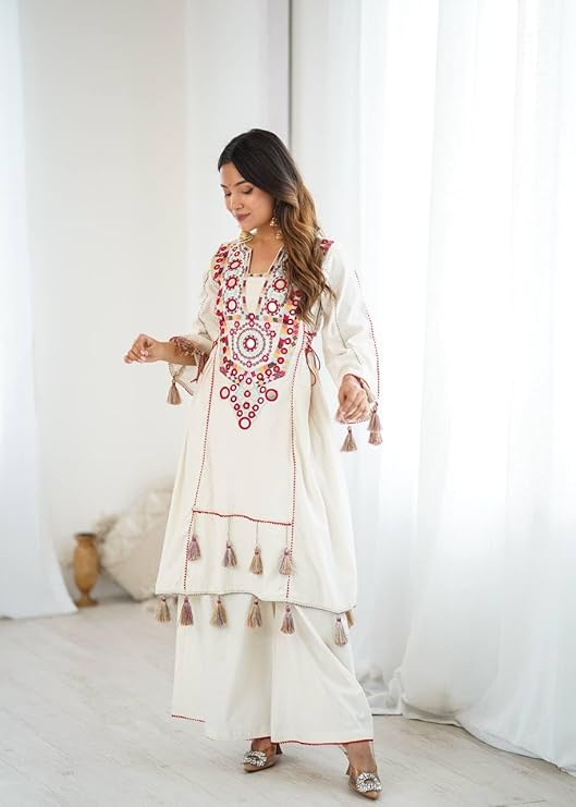Embroidered Kurti Set with Tassels & Matching Pants view 2