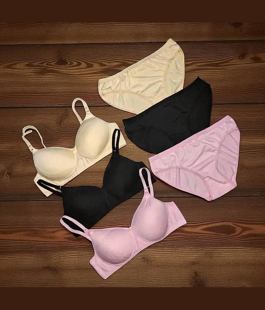 EASTERN CLUB Pack of 3 Cotton Blend Bra & Panty Set For Women ( Black,Pink,Tan ) view 2