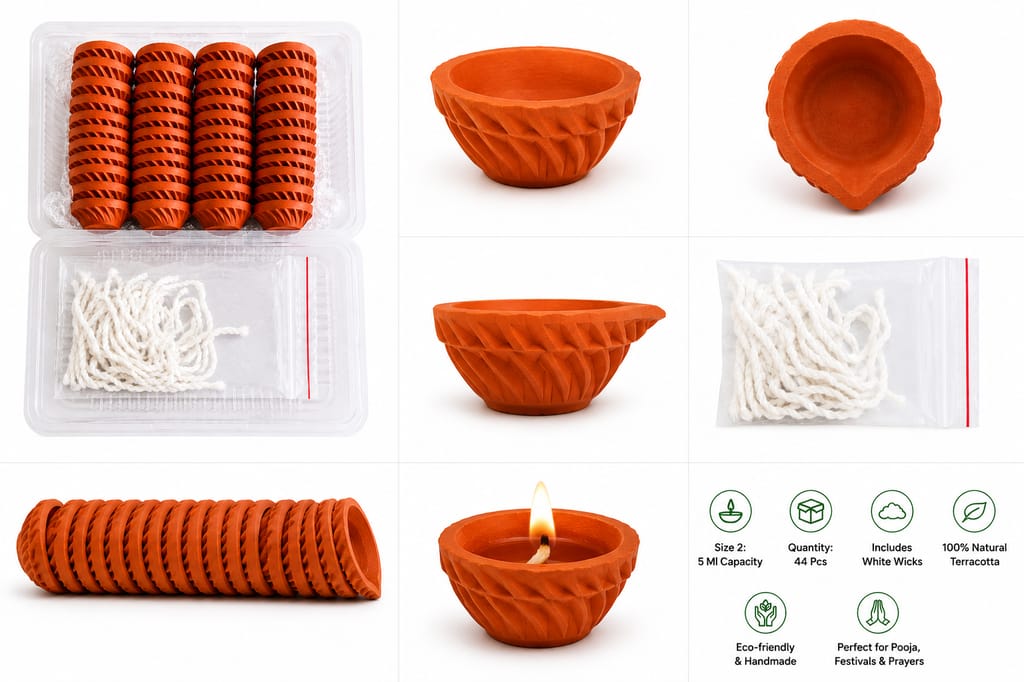 Handmade Terracotta Mud Diyas Size 2 (5 ML) - 44 Pcs with White Cotton Wicks for Temple, Festival & Daily Prayer view 2