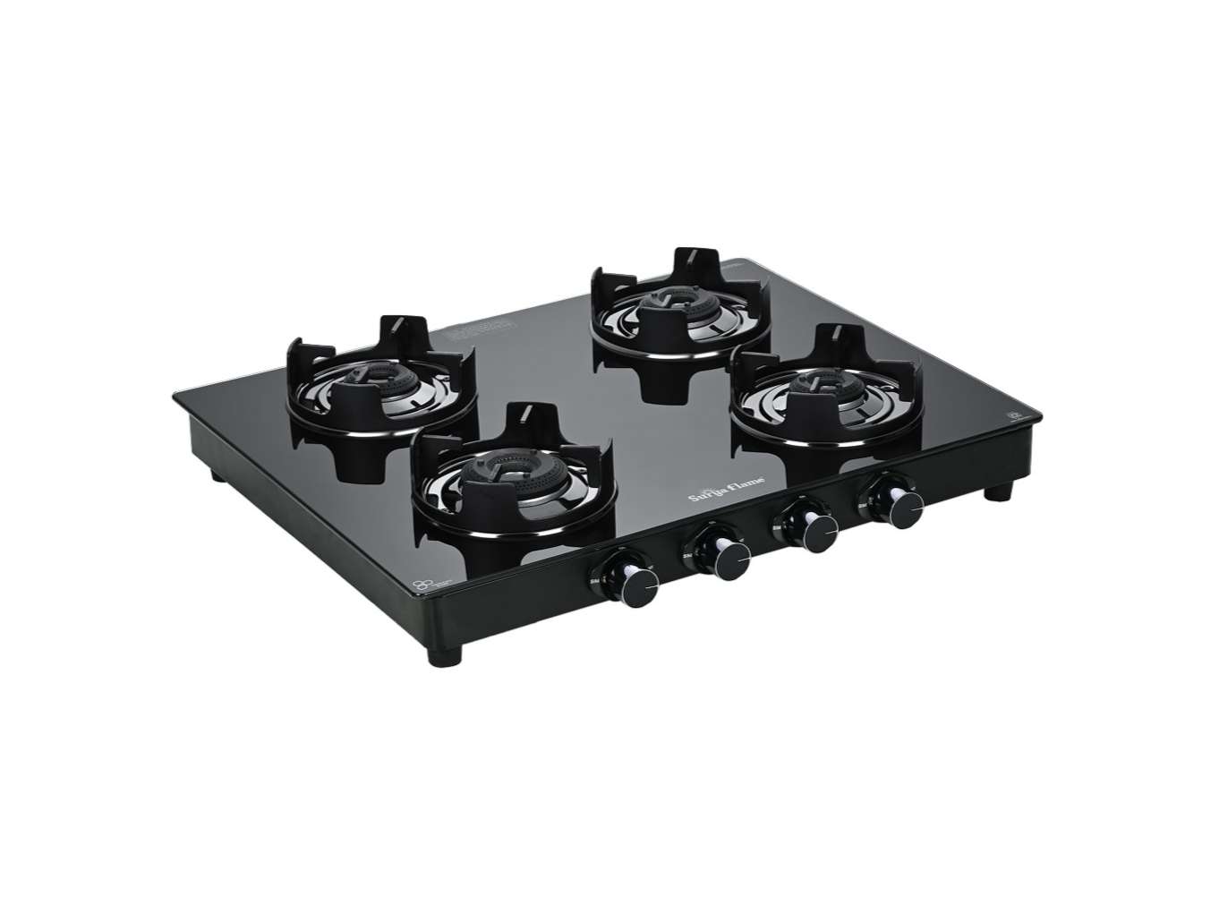 Surya Flame Black Pro 4-Burner Gas Stove, Massive All-Black Design, 1 Jumbo Burner, Toughened Glass, Brass Burners, Flame Guard Pan Support - Black view 2