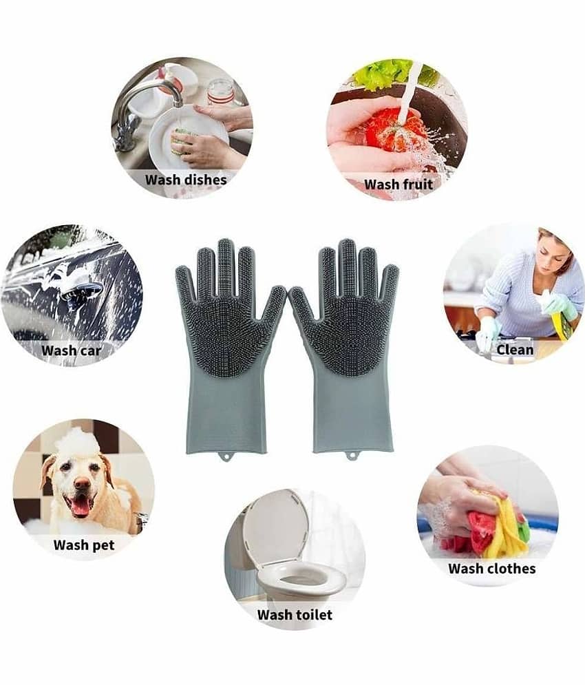 Washing Silicon Hand Gloves 2 pcs with Scrubber for Kitchen Cleaning view 2