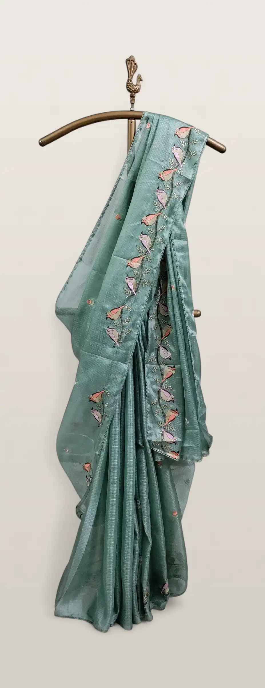 Sea Green Kota Doria Cotton-Silk Saree with Block Print Buti and Zari Border view 2