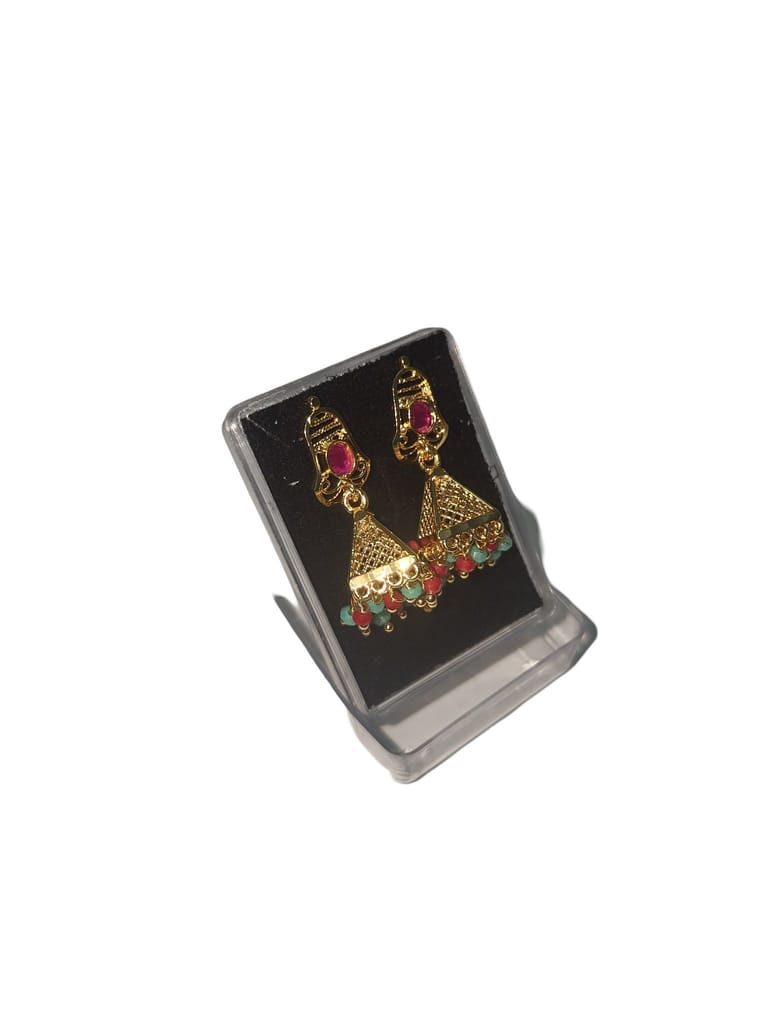 Stunning Gold Plated Jhumka Earrings with Pink Stones and Green Beads view 2