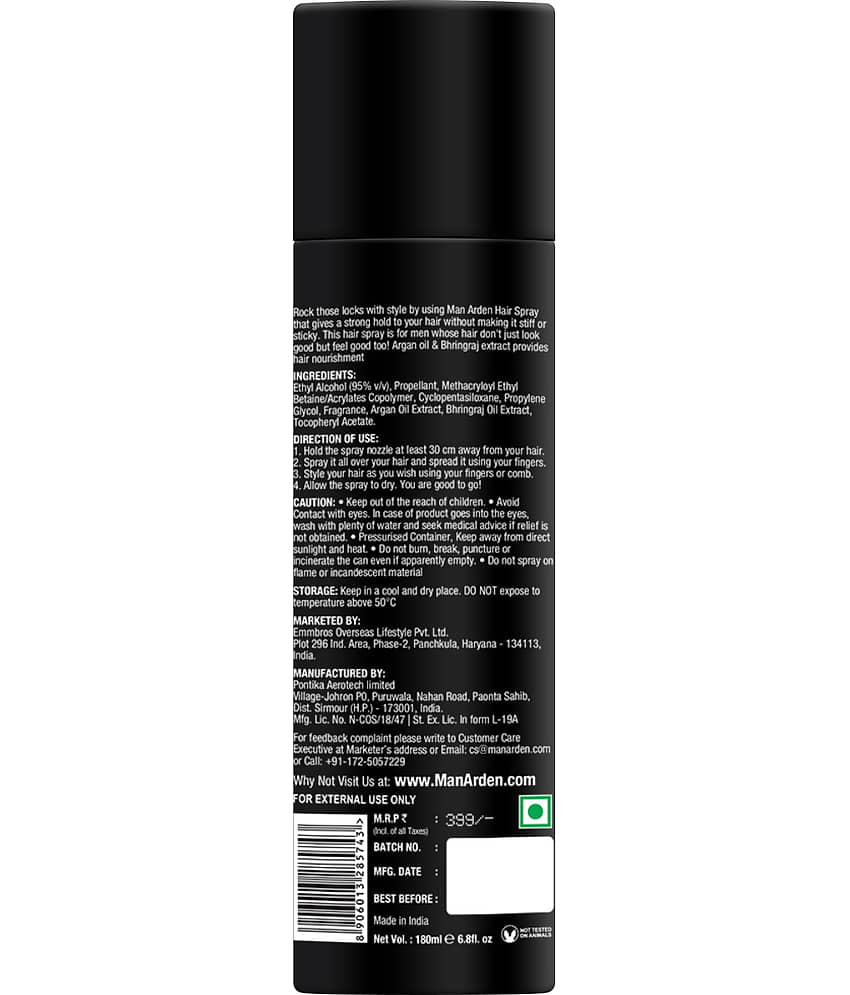 Man Arden Hair Spray - Strong Hold, Styling with Nourishment - Argan Oil and Bhringraj, 180 ml (MNARDN302) view 2
