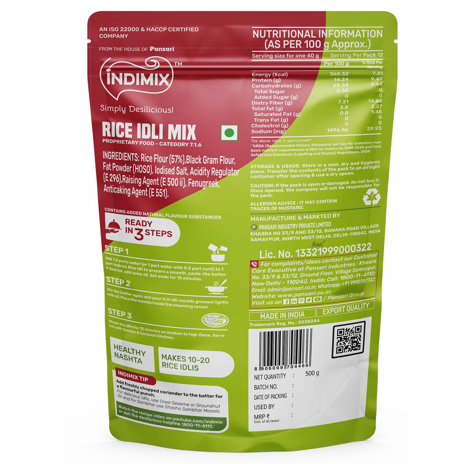 Indimix Ready to Cook Rice Idli Mix - 500gm view 2