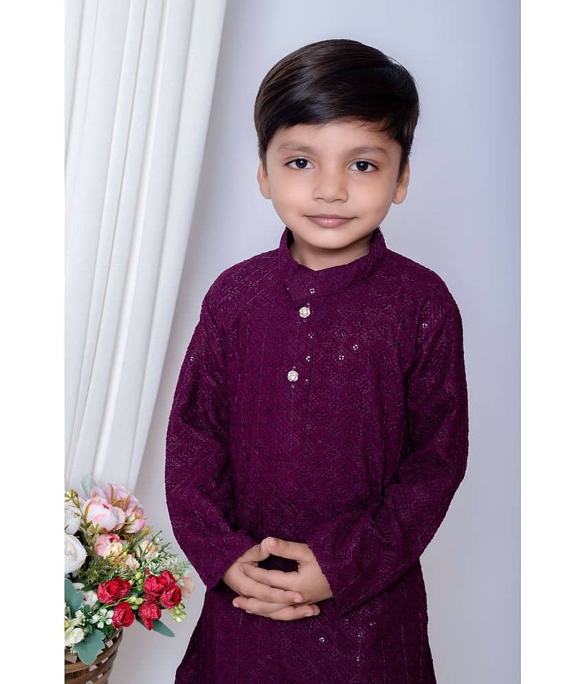 New Collection Boys Cotton Blend Sequined - Pattern Kurta Pant Set ( Dark Blue , Pack of 1 ) view 2