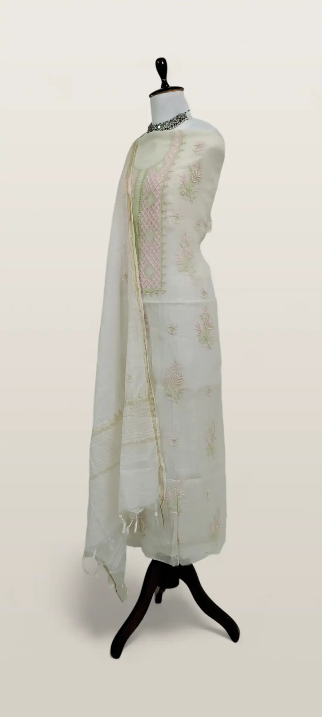 Chikankari Mul Chanderi Dress Material Pink Green Jaali Yoke view 2