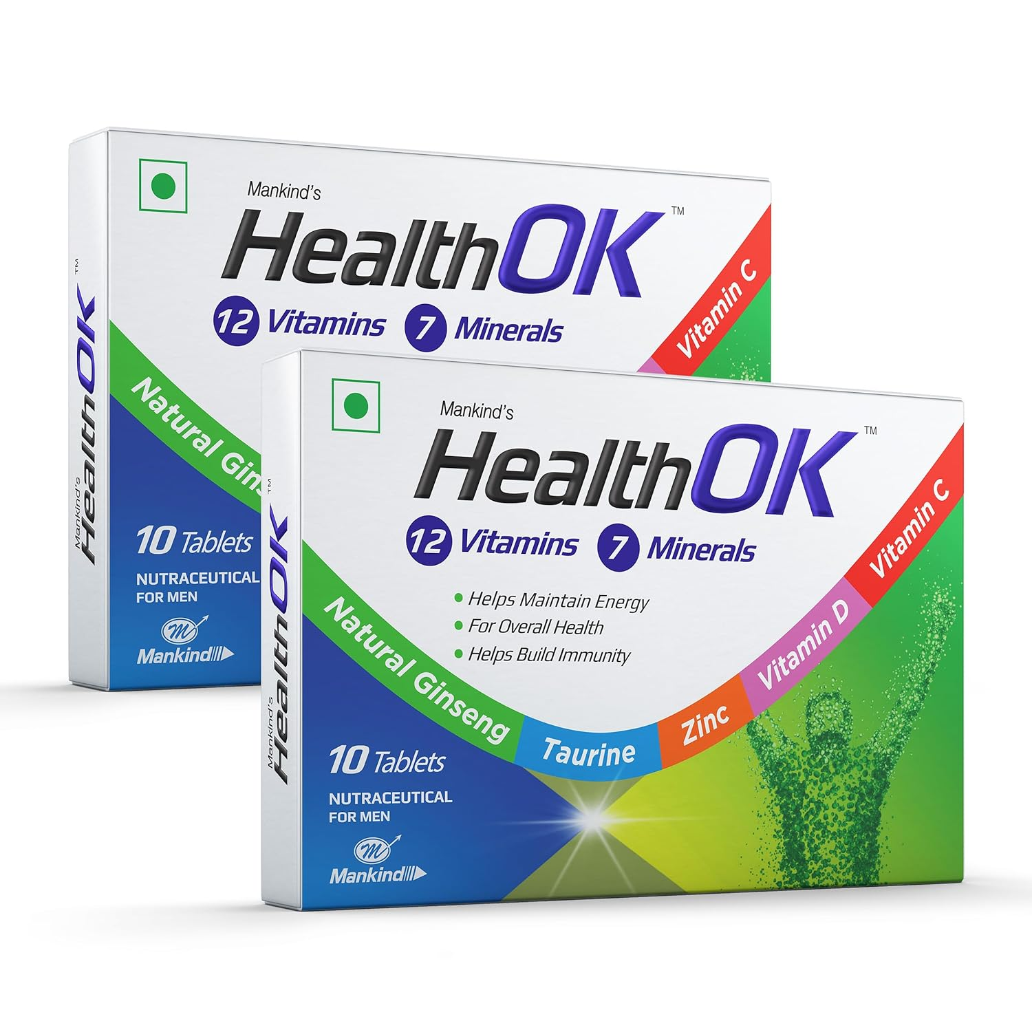 Health OK Multivitamin with Natural Ginseng Taurine power Daily Energy alertness Vitamin D C & other 17 multivitamins minerals for Overall Health 10 Tablets x Pack of 2 view 2