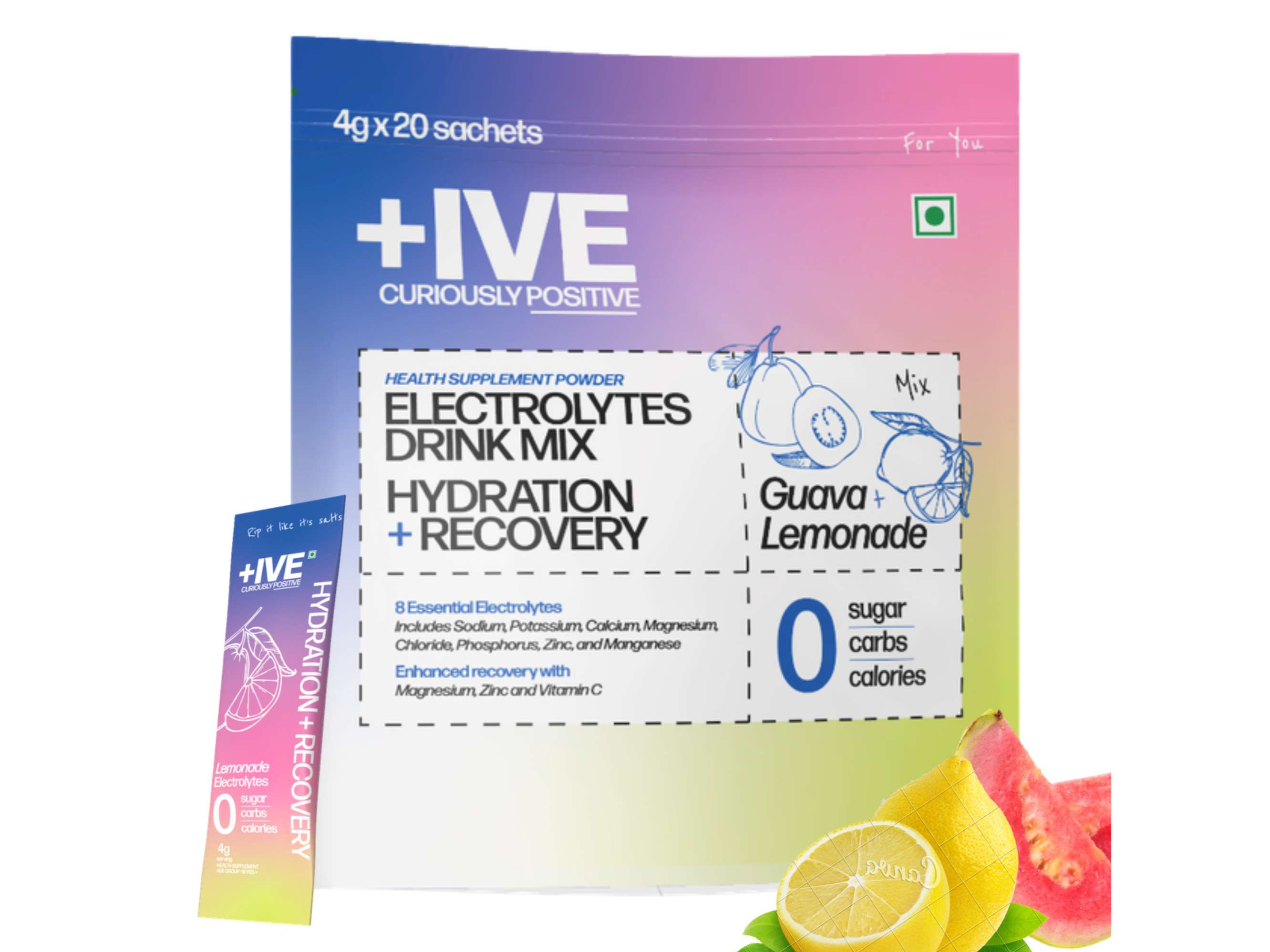 Curiously +IVE Electrolytes Drink Mix - Assorted Flavour Pack(Lemonade + Guava) 80gm| Zero Sugar, Zero Carbs, Zero Calories, Hydration + Recovery Supplement