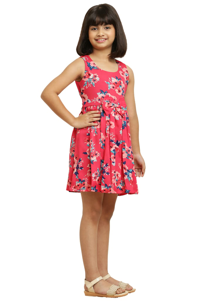 Stylish Pink Flower Printed Frock with Bow & for Girls. view 2