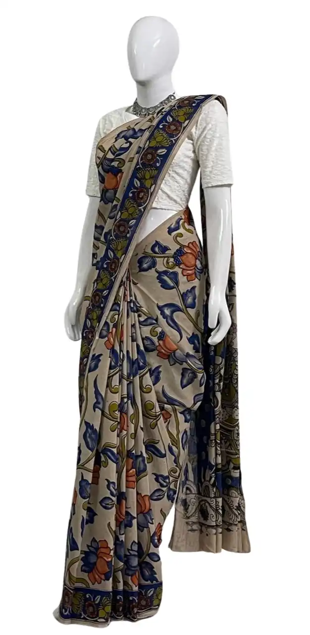 Kalamkari Cotton Saree Cream Indigo Floral Pallu view 2